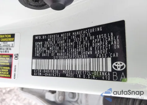 2015 Toyota Corolla Le из США, поврежденный, VIN 5YFBURHE5FP292891